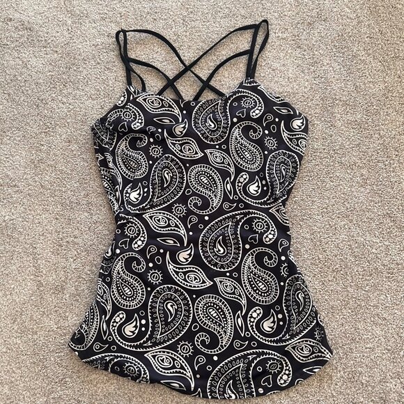 Open back Crisscross Black & White Paisley Mini Dress L - Picture 4 of 7